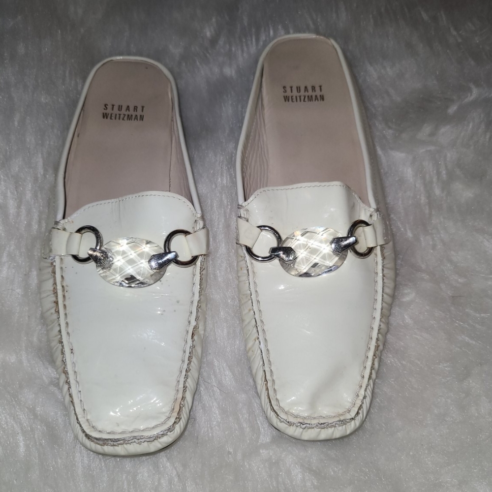 Stuart Weitzman S. 7 White Patent Leather Mules